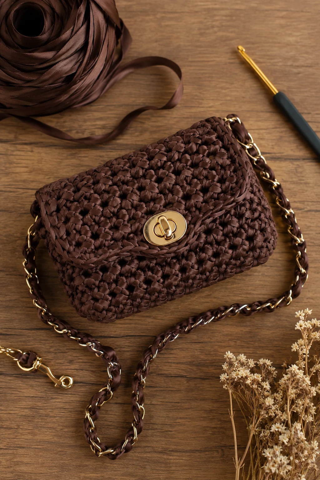 Chocolate Brown Mini Bag — crochet ribbon bag style outfit