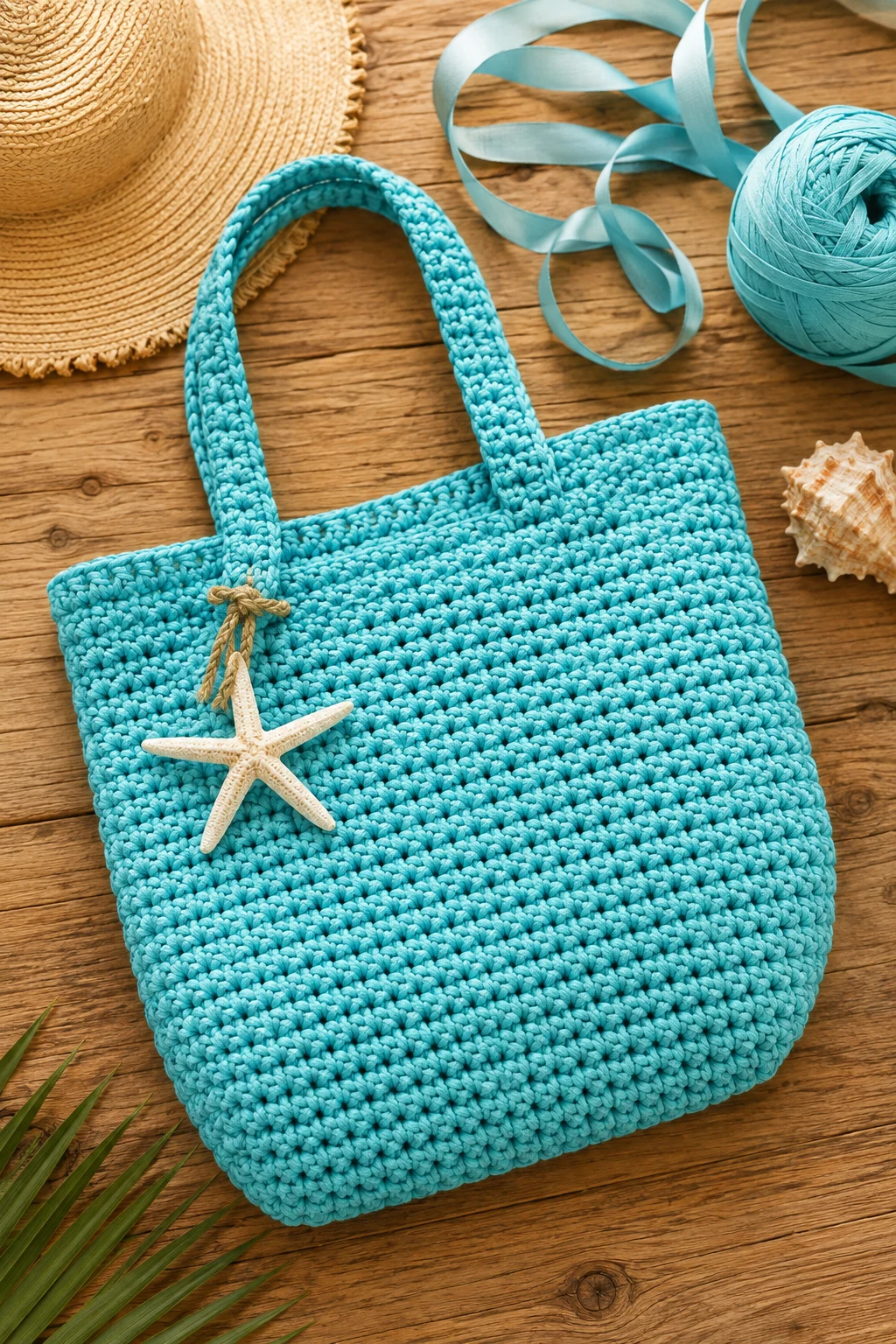 Beach-Ready Turquoise Tote — crochet ribbon bag style outfit