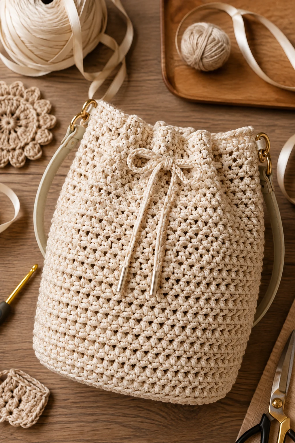 Crochet Ribbon Bucket Bag — crochet ribbon bag style outfit