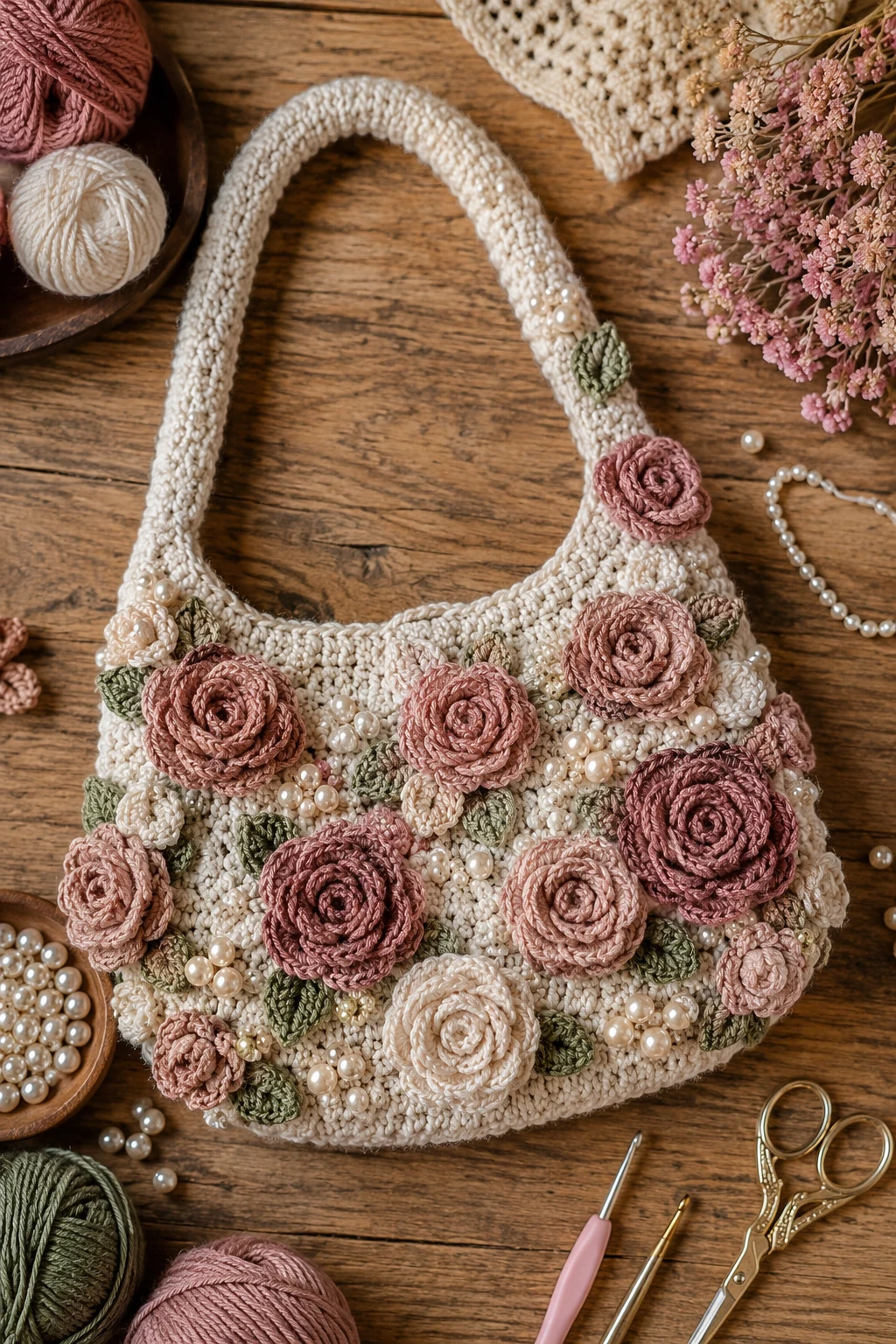 Crochet Rose Bag With Pearl Details — crochet rose bag style outfit