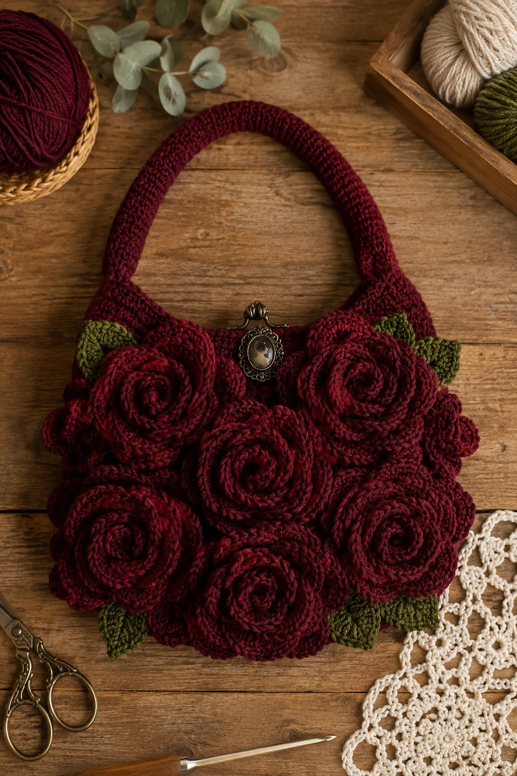 Vintage-Inspired Burgundy Rose Bag — crochet rose bag style outfit