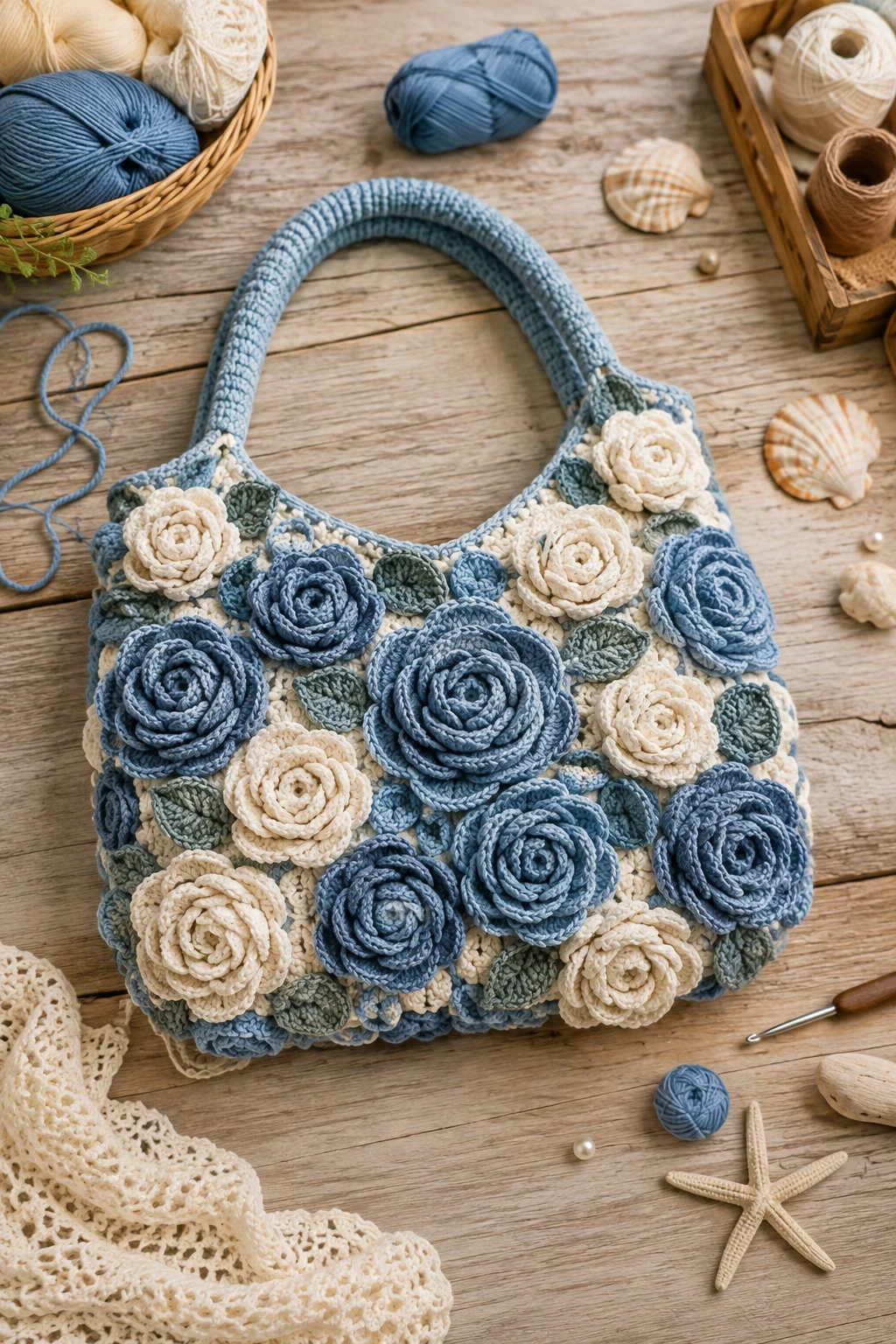 Blue-and-Cream Coastal Rose Bag — crochet rose bag style outfit