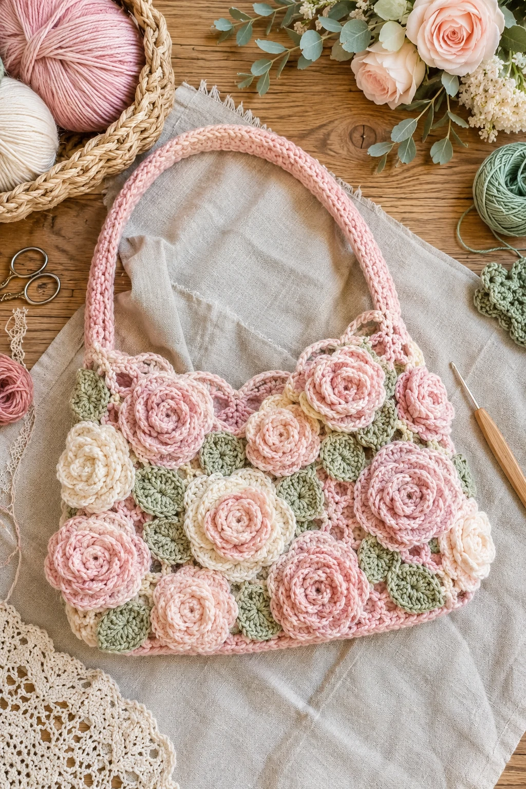Pastel Cottagecore Rose Bag — crochet rose bag style outfit