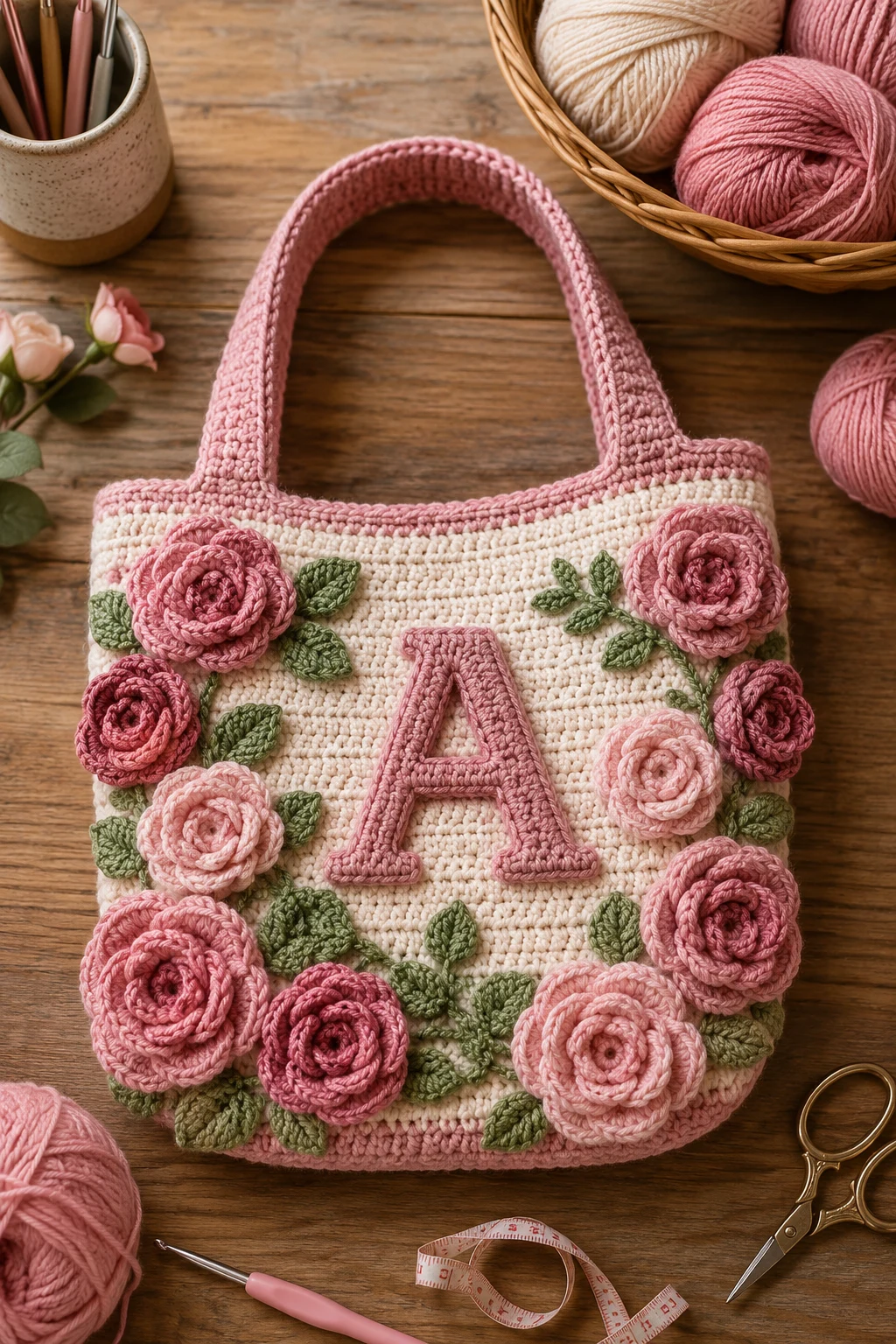 Crochet Rose Bag With a Personalized Initial — crochet rose bag style outfit