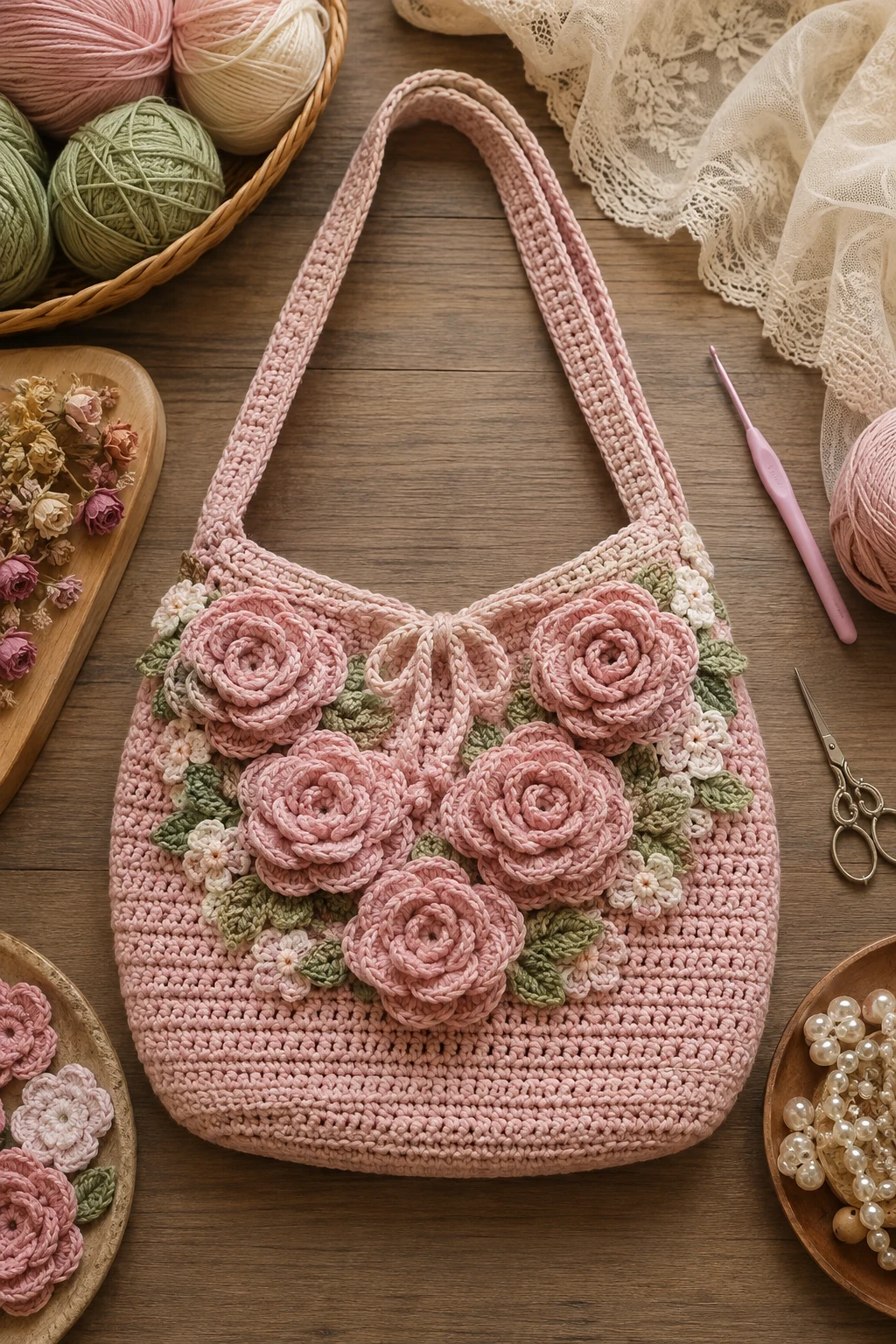 Blush Pink Shoulder Bag With Roses — crochet rose bag style outfit