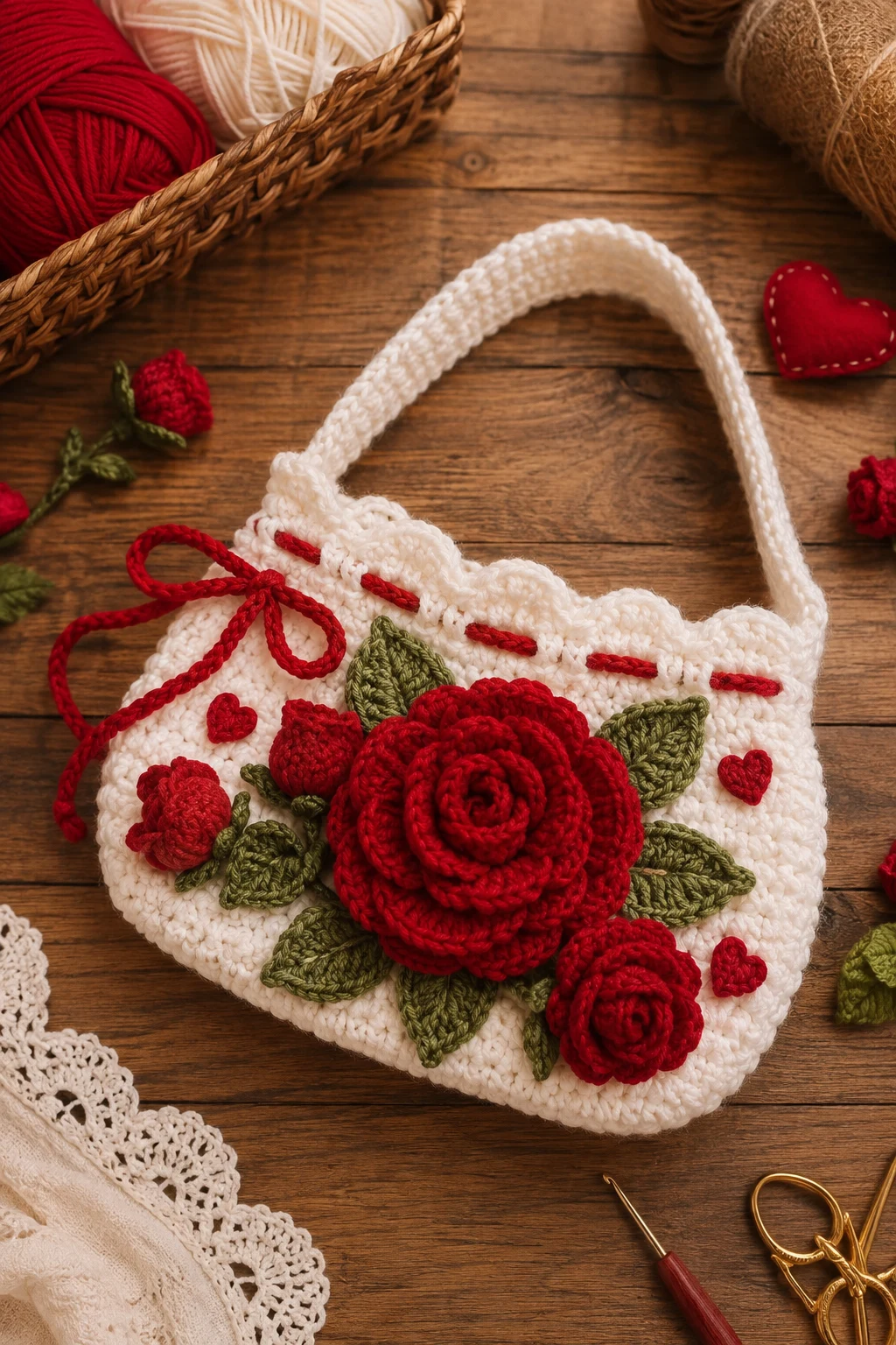 White-and-Red Valentine Rose Bag — crochet rose bag style outfit