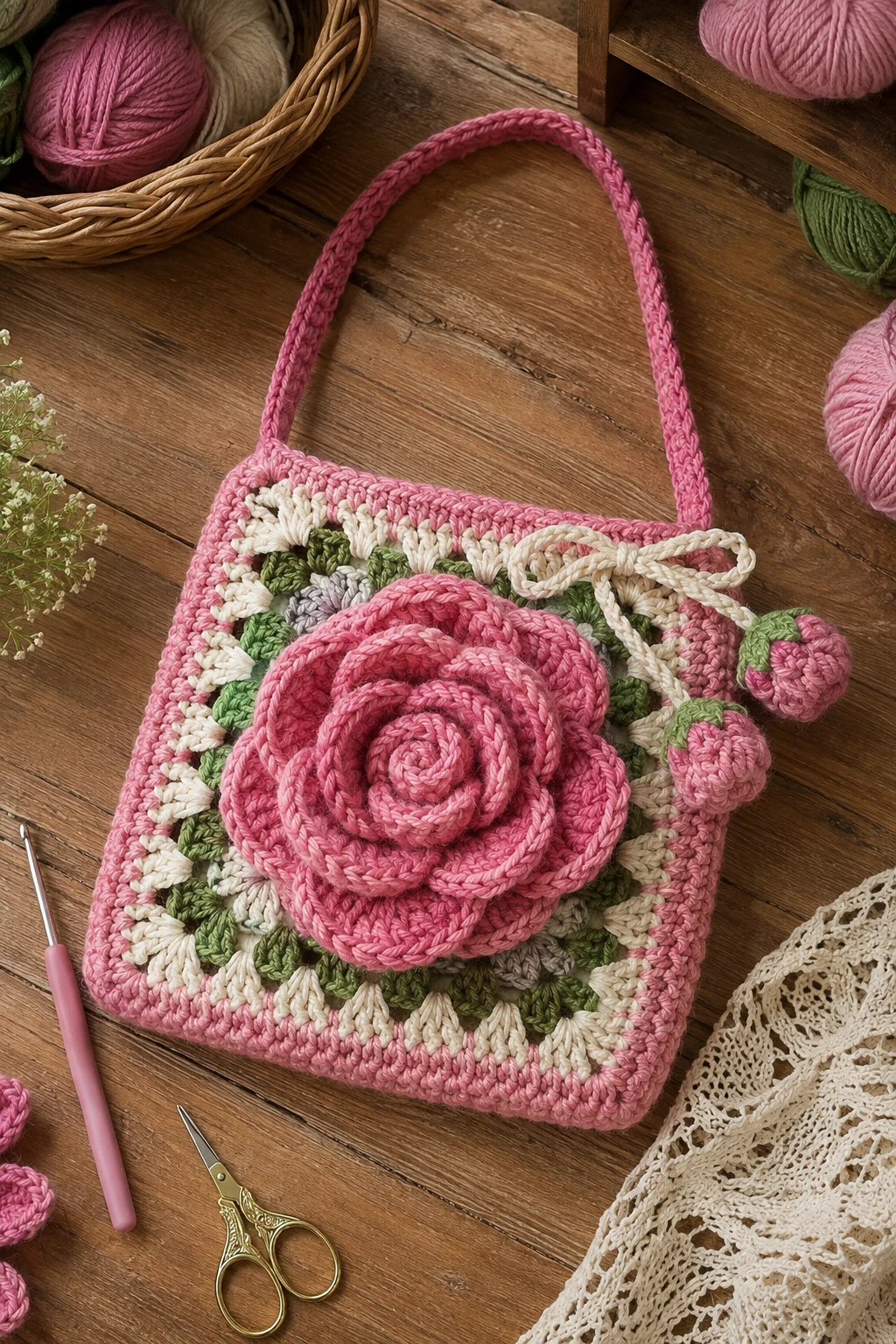 Crochet Rose Bag With a Granny-Square Base — crochet rose bag style outfit