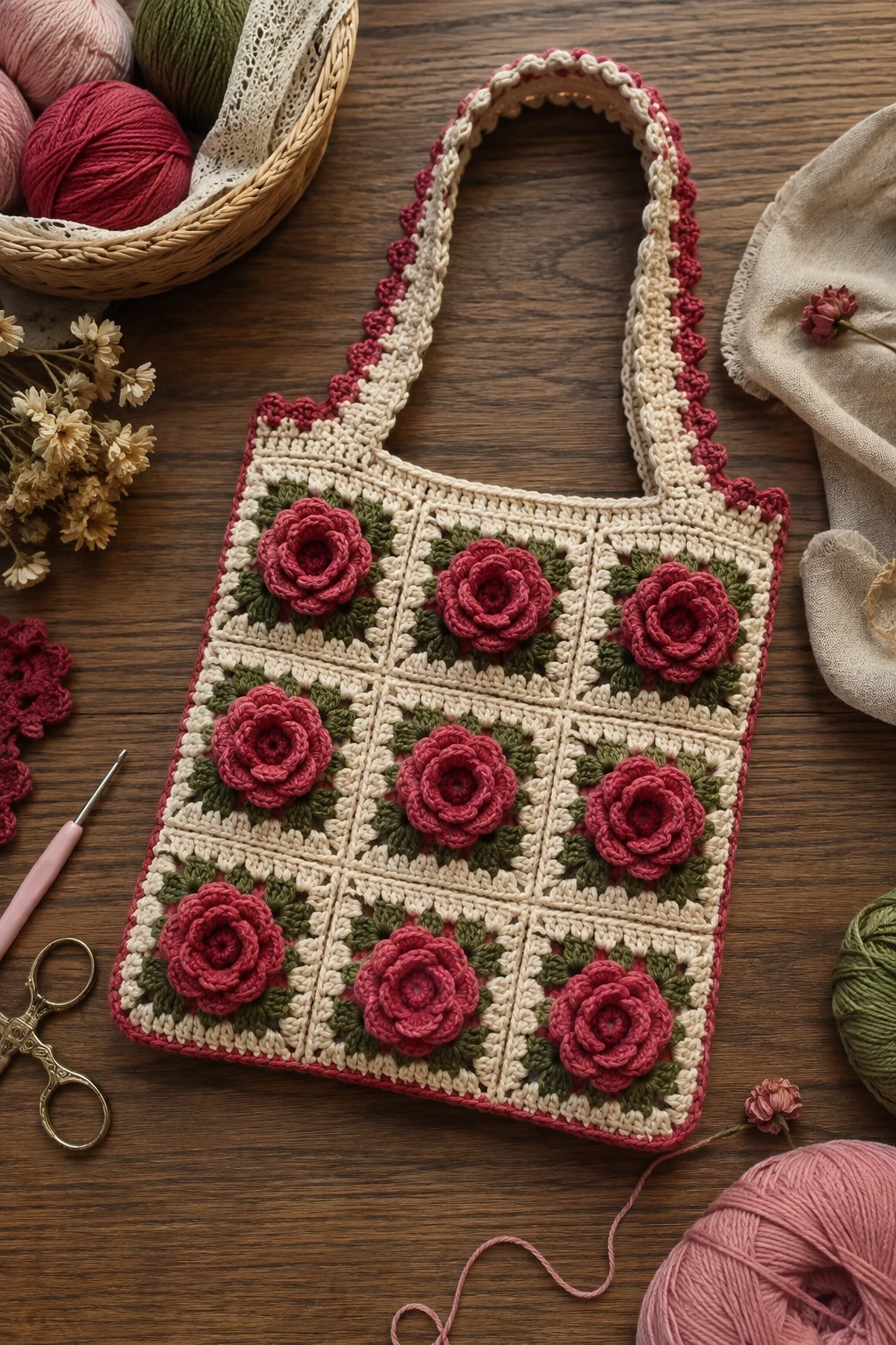 Granny Square Rose Bag — crochet rose bag style outfit