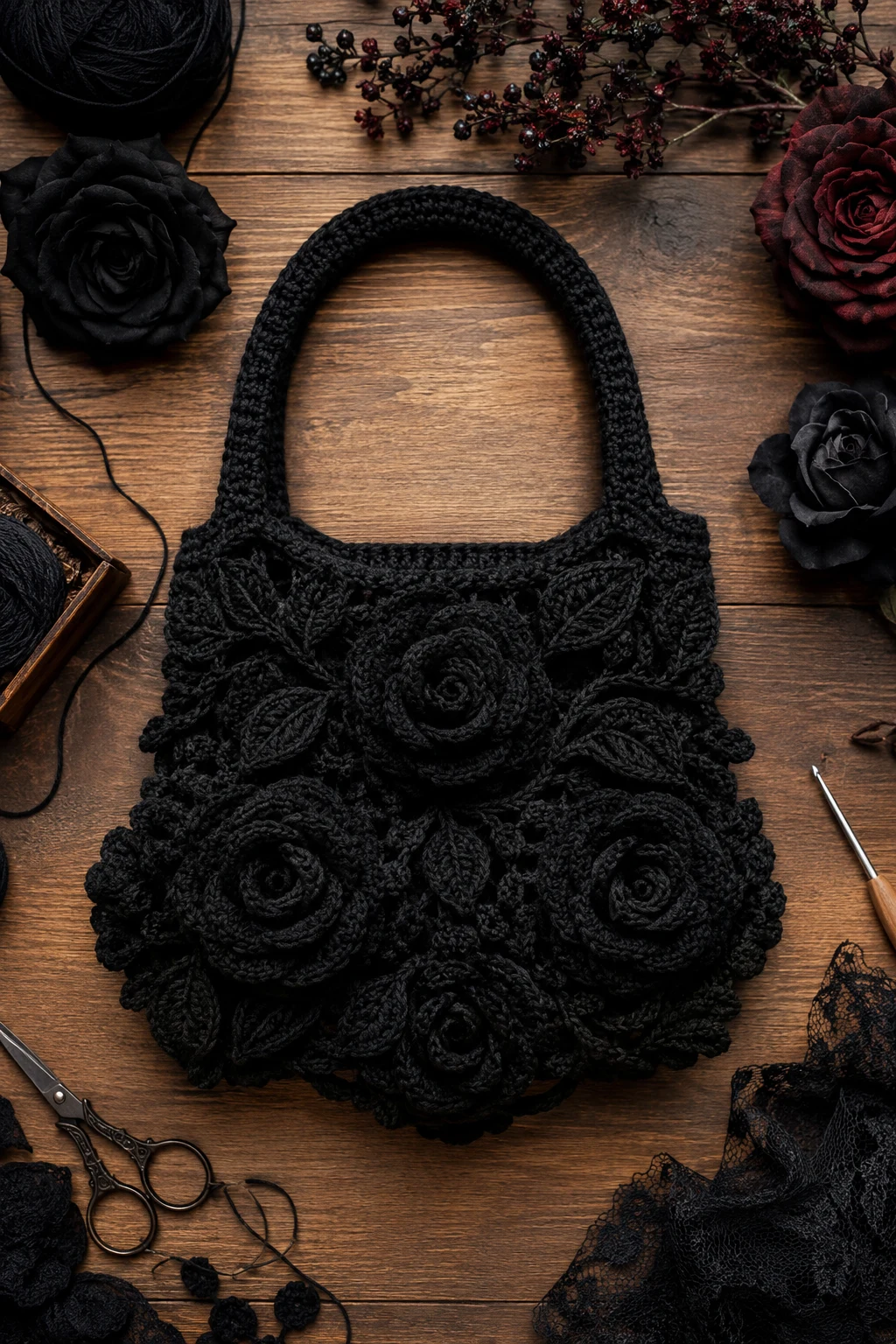 Black Crochet Rose Bag With Gothic Florals — crochet rose bag style outfit