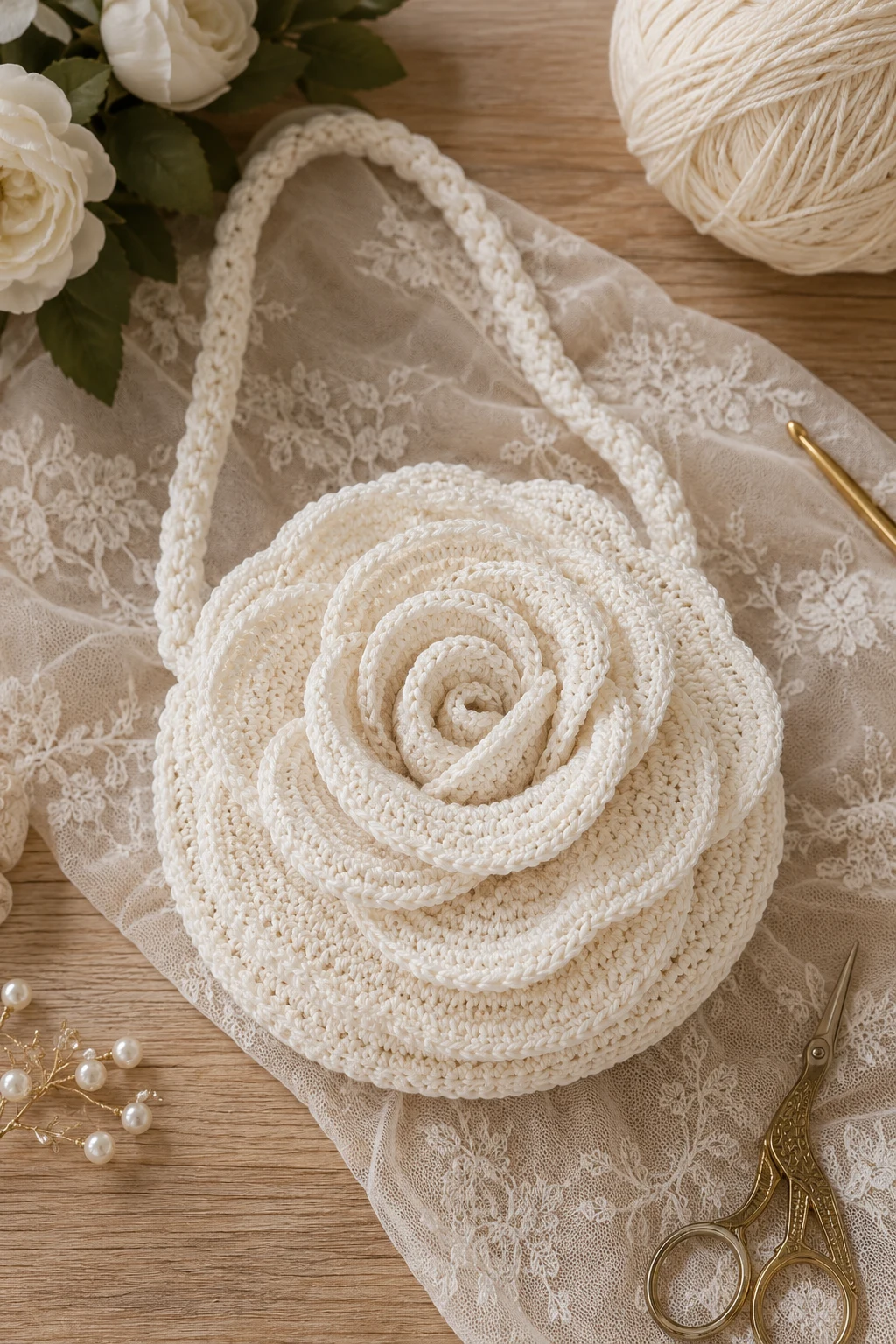 White Crochet Rose Bag for Weddings — crochet rose bag style outfit