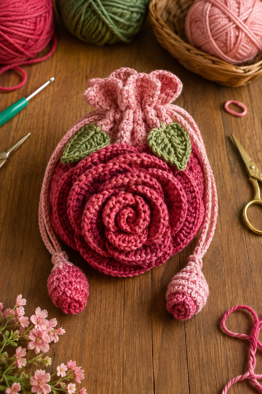 Crochet Rose Bag With a Drawstring Closure — crochet rose bag style outfit