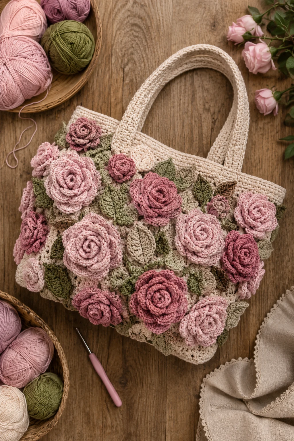 Oversized Tote Covered in Roses — crochet rose bag style outfit