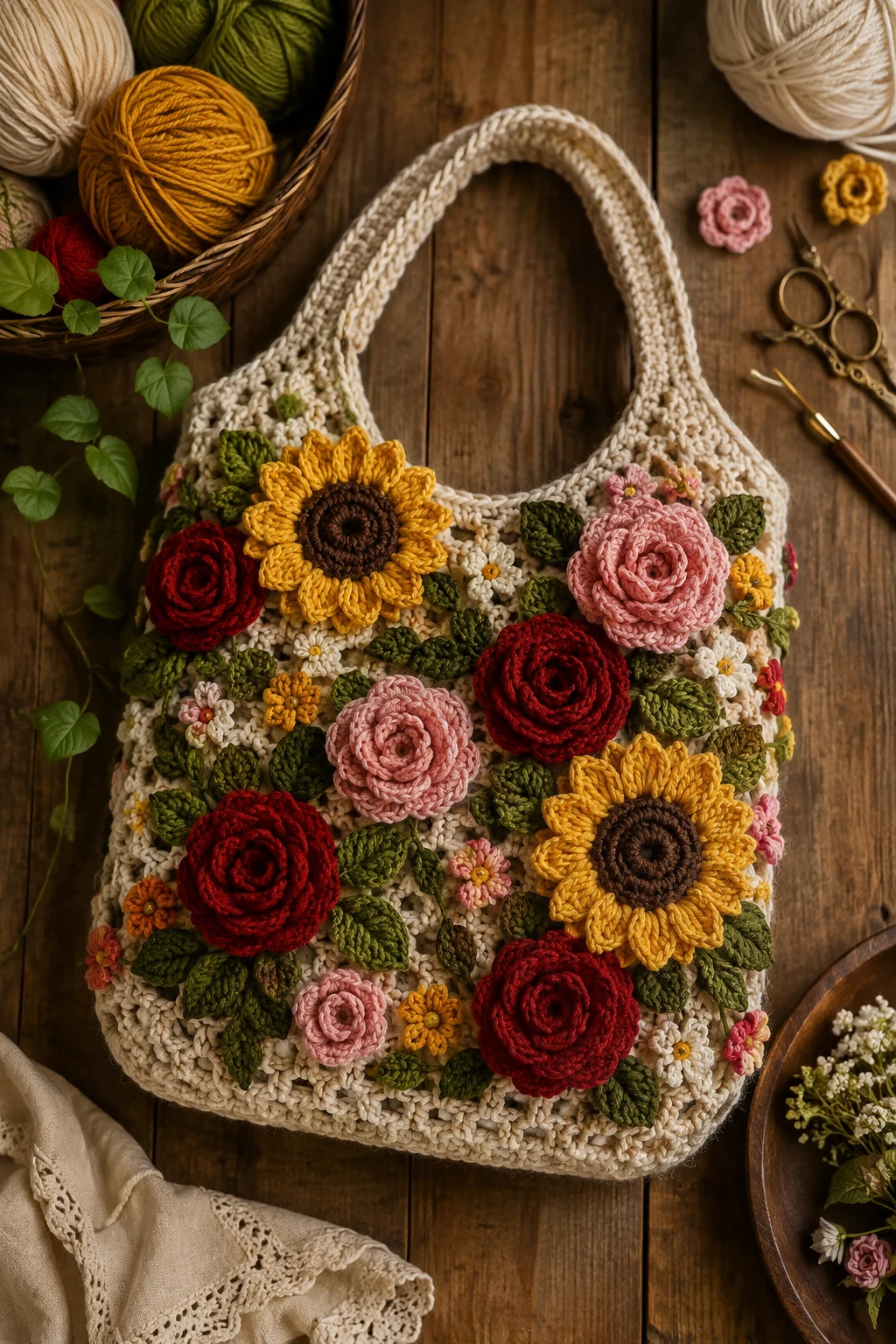 Sunflower-Rose Mixed Floral Bag — crochet rose bag style outfit