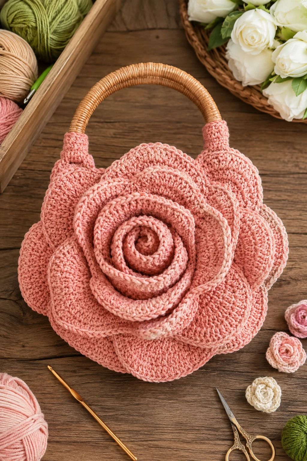Crochet Rose Bag With a Woven Handle — crochet rose bag style outfit