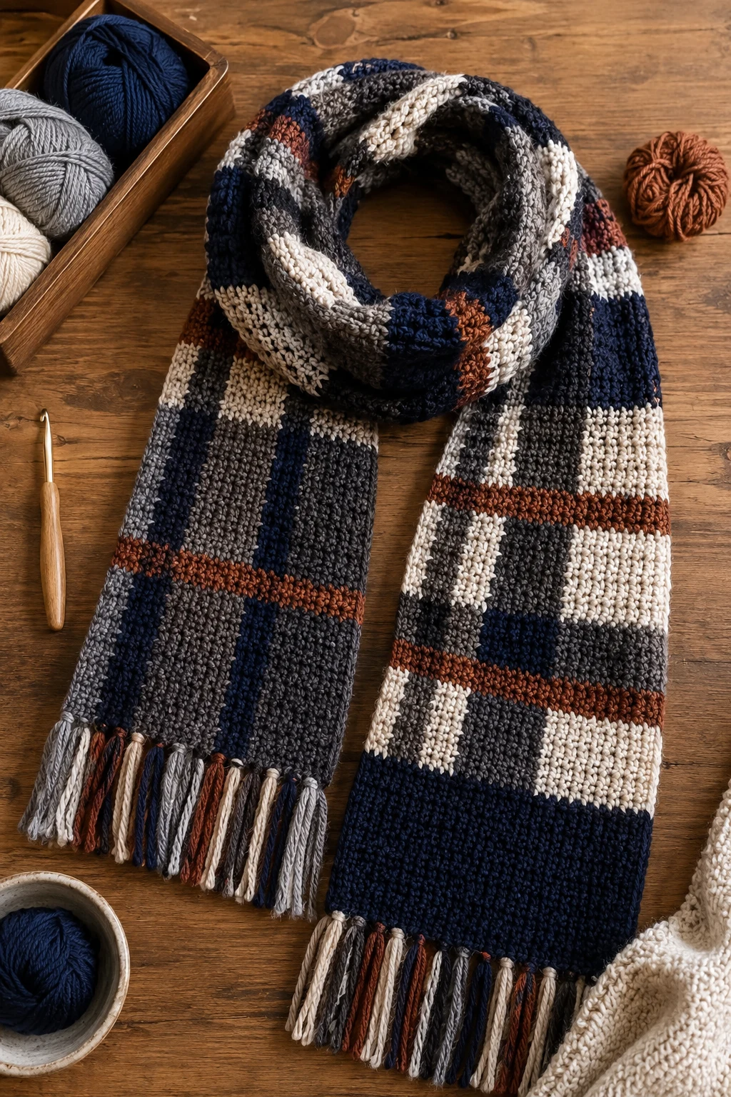 Masculine Plaid-Inspired Scarf — Crochet scarf ideas style outfit