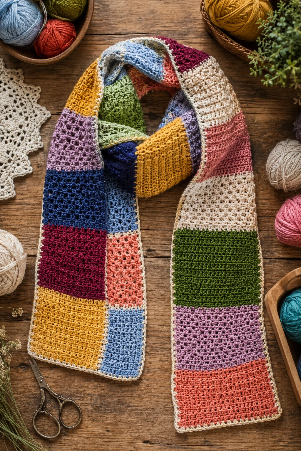 Colorful Patchwork Scarf — Crochet scarf ideas style outfit