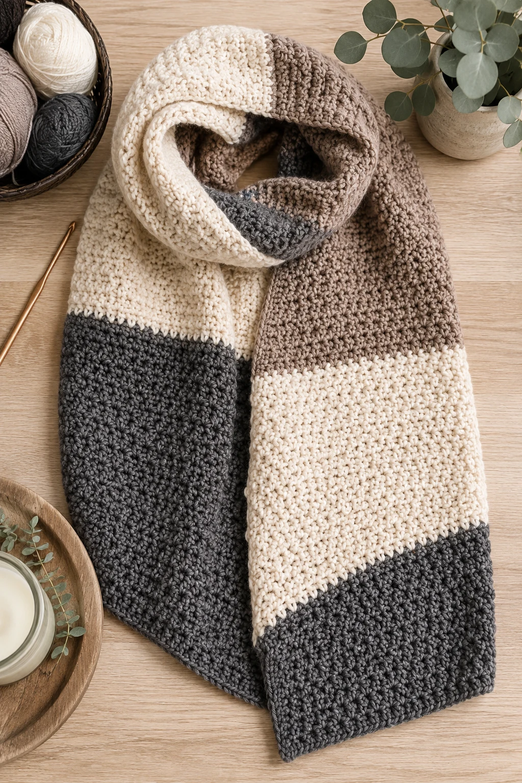 Modern Neutral Color-Block Scarf — Crochet scarf ideas style outfit