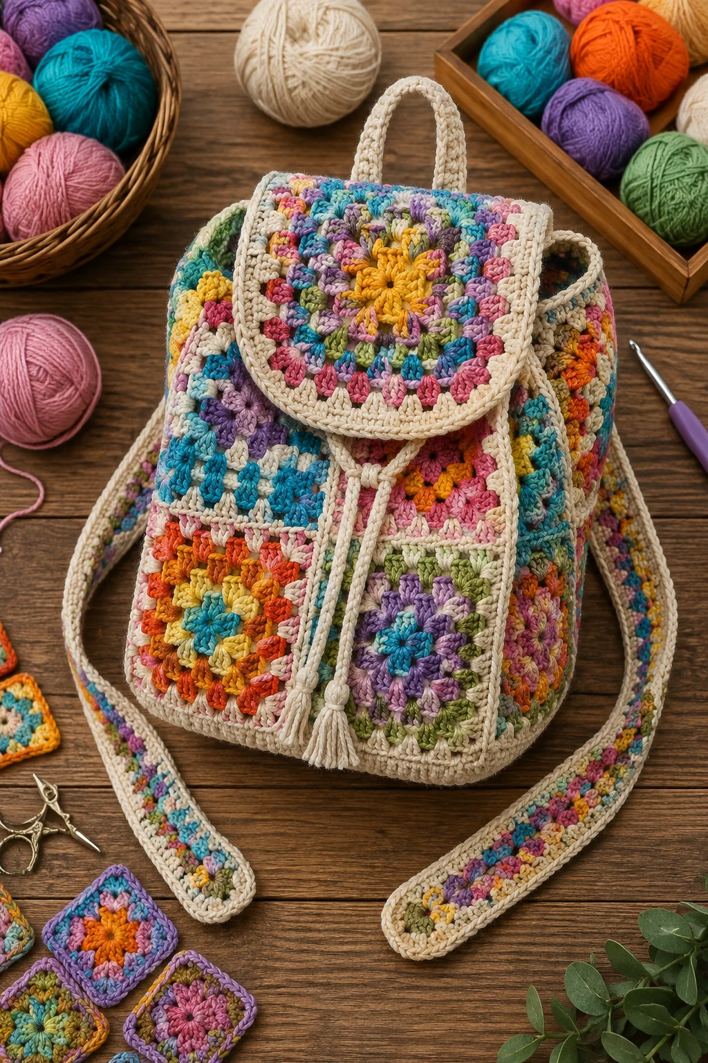 Rainbow Granny-Square Backpack — crochet school bag style outfit