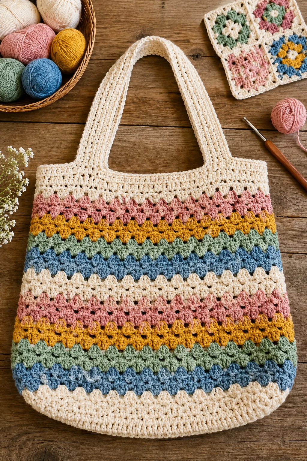 Granny-Stripe Crochet Tote Bag — crochet school bag style outfit
