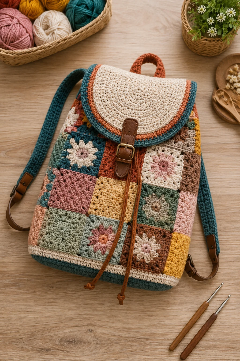Patchwork Crochet School Bag — crochet school bag style outfit