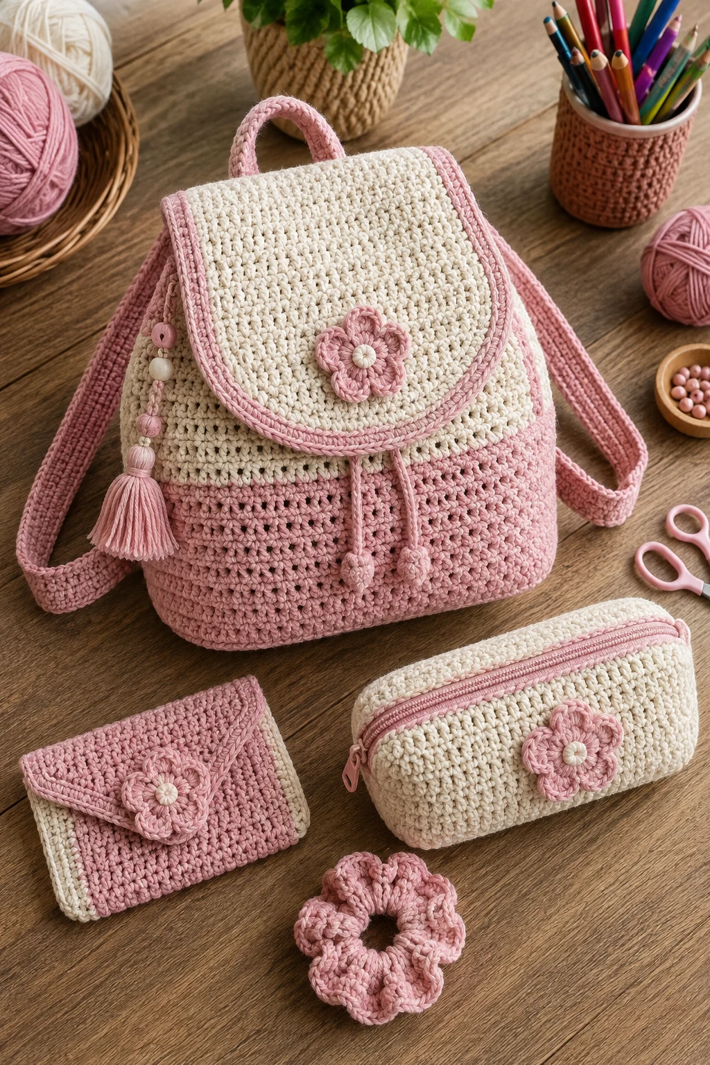 Crochet School Bag With Matching Accessories — crochet school bag style outfit