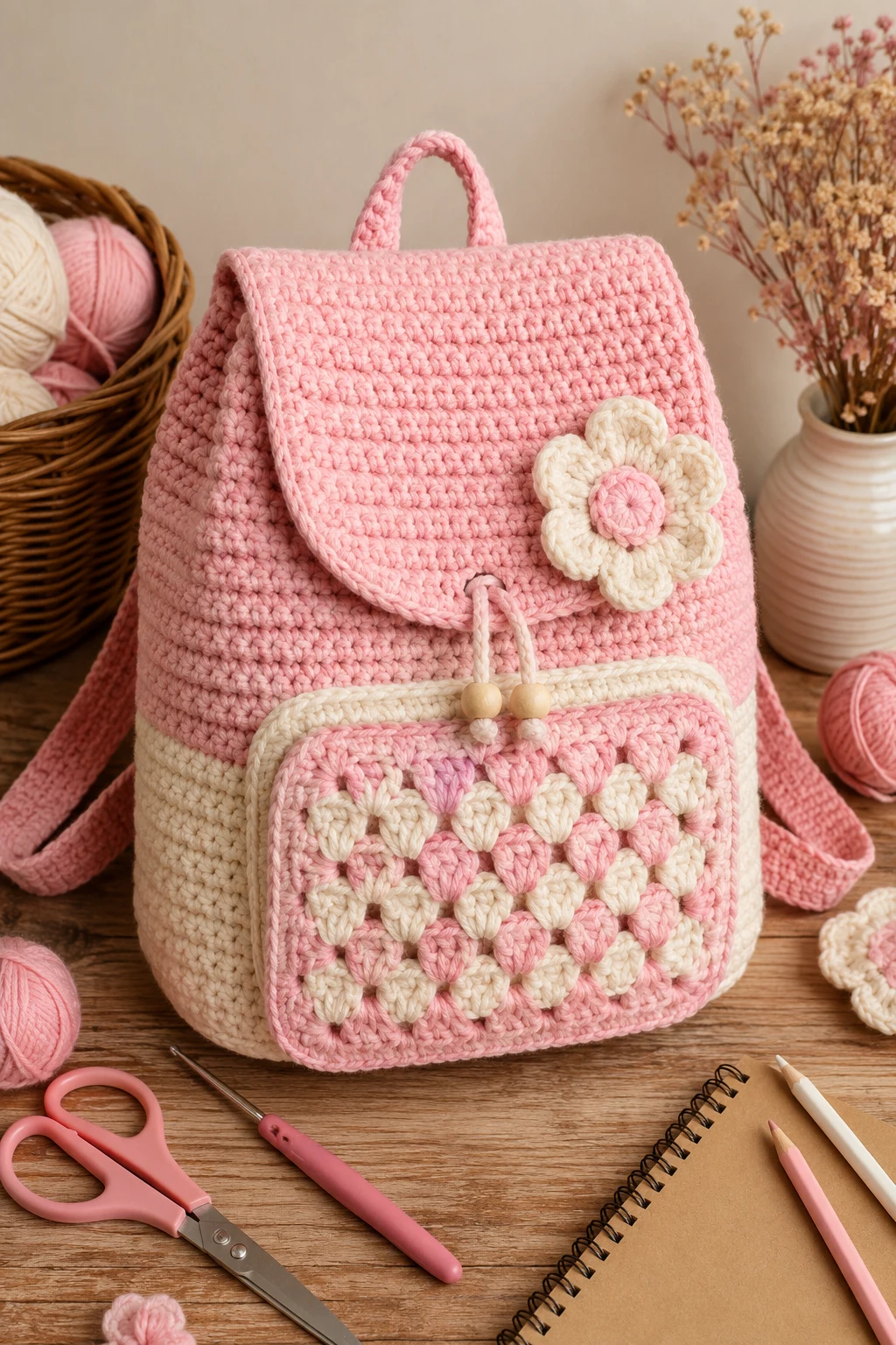 Pink and Cream Girl’s Backpack — crochet school bag style outfit