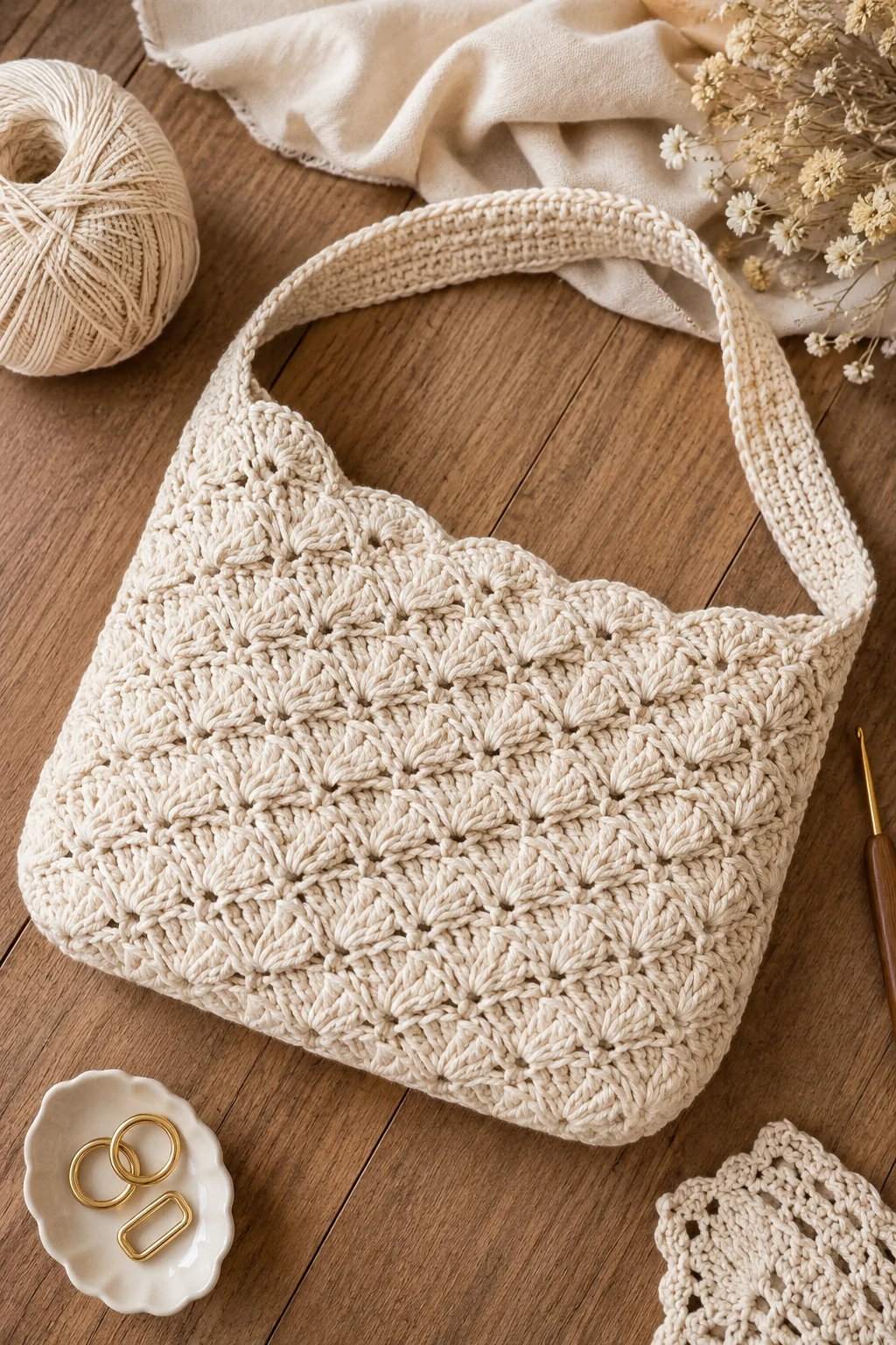 Classic Cream Crochet Shell Bag — crochet shell bag style outfit