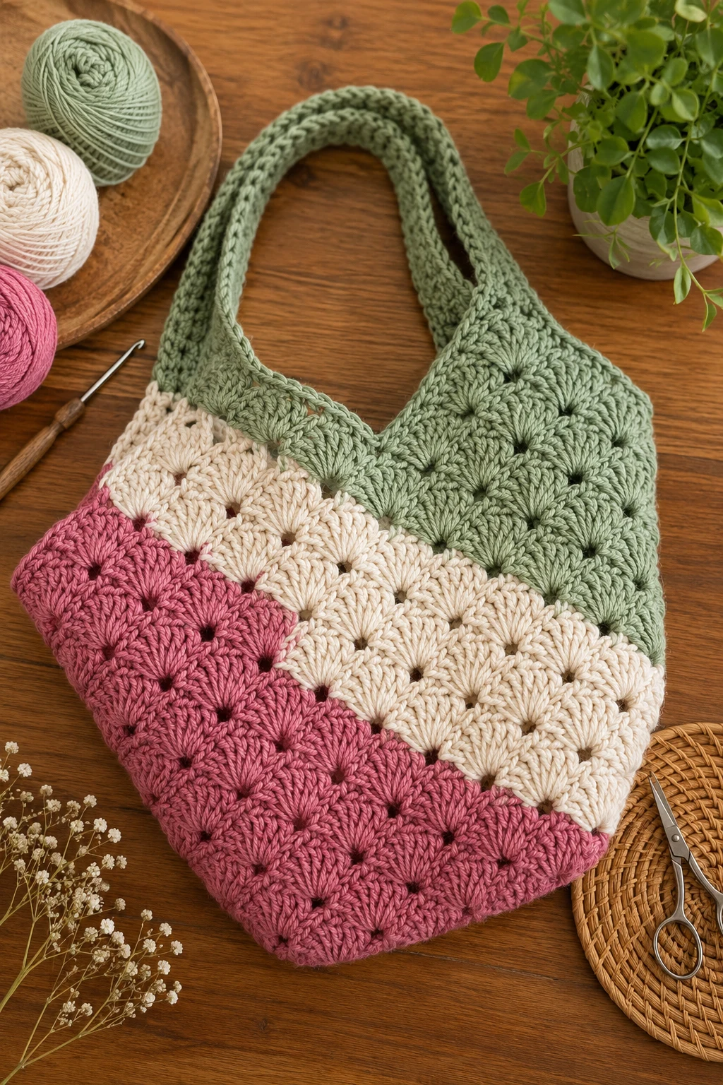Color-Block Statement Bag — crochet shell bag style outfit
