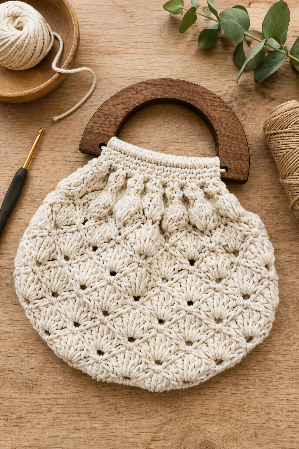 Crochet Shell Bag With a Wooden Handle — crochet shell bag style outfit