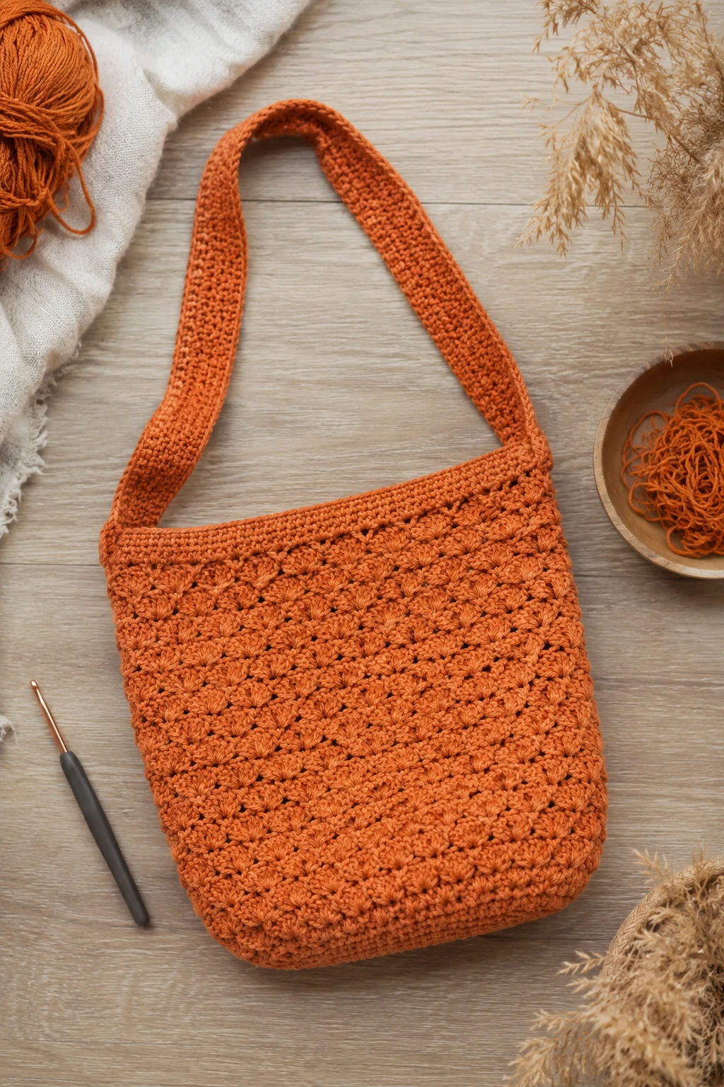 Sunset Orange Shoulder Bag — crochet shell bag style outfit