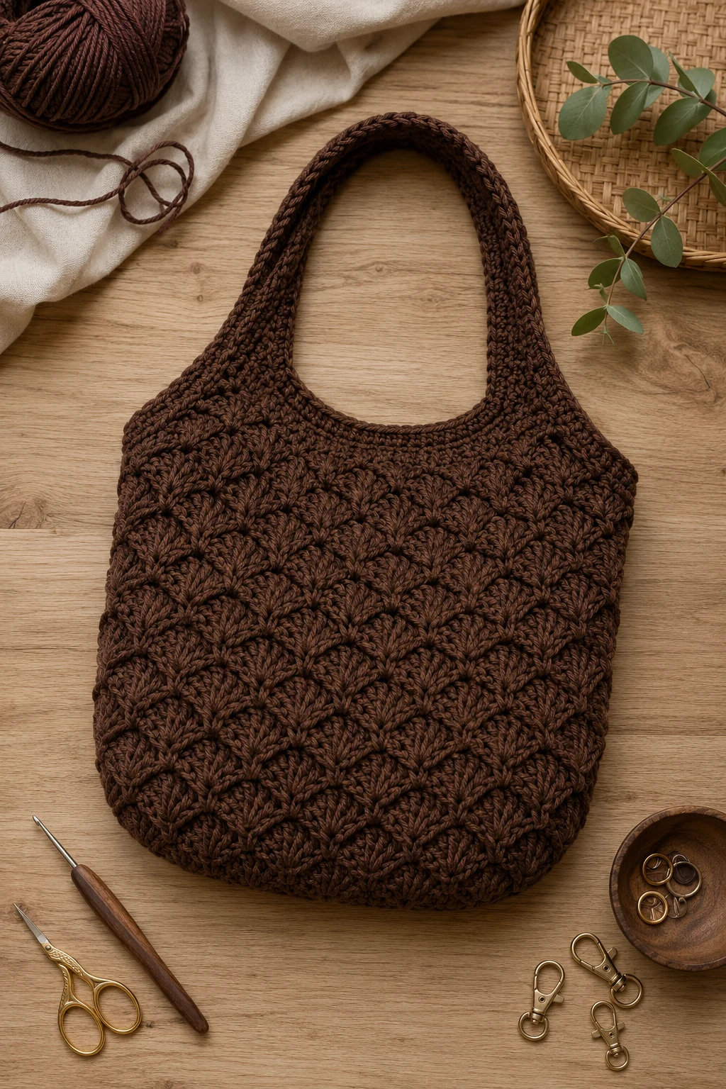 Chocolate Brown Everyday Bag — crochet shell bag style outfit