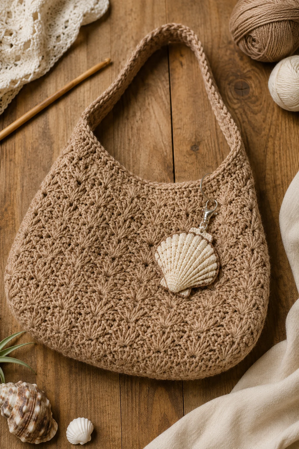 Crochet Shell Bag With a Crochet Shell Bag Charm — crochet shell bag style outfit
