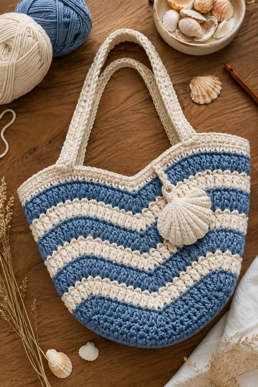 Coastal Blue and Ivory Stripes — crochet shell bag style outfit