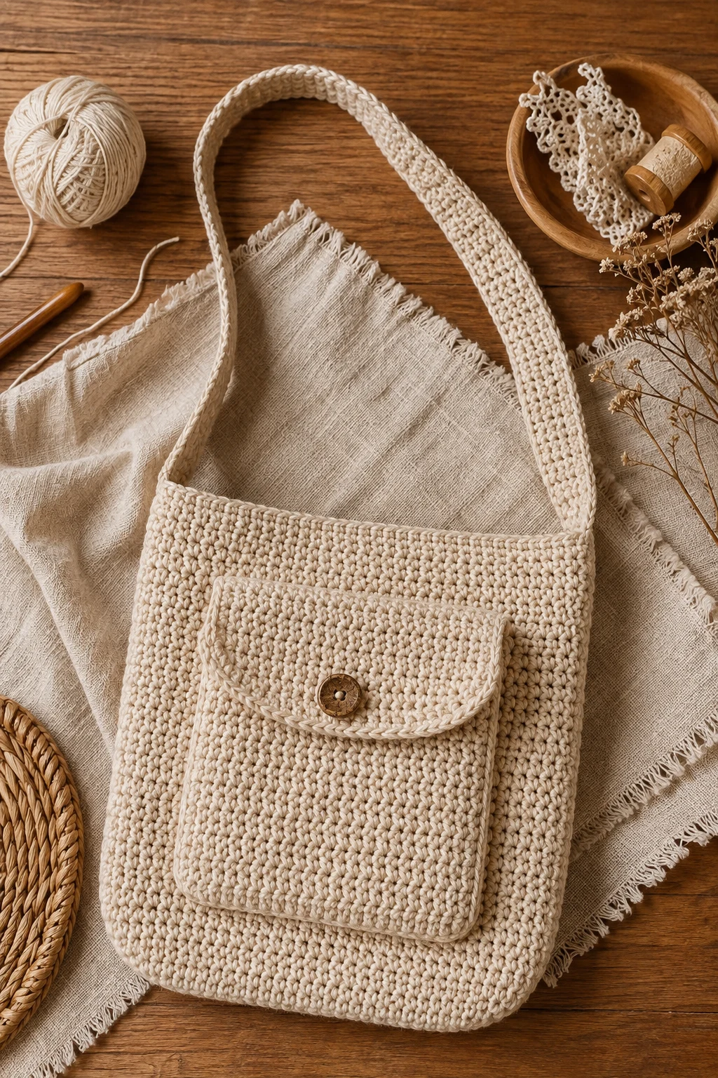 Small Crochet Shoulder Bag With Pocket — crochet shoulder bag style outfit