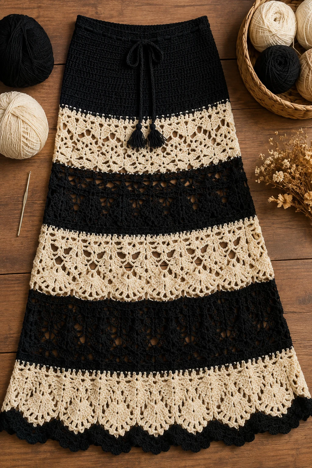 Elegant Black-and-Cream Maxi — crochet skirt ideas style outfit