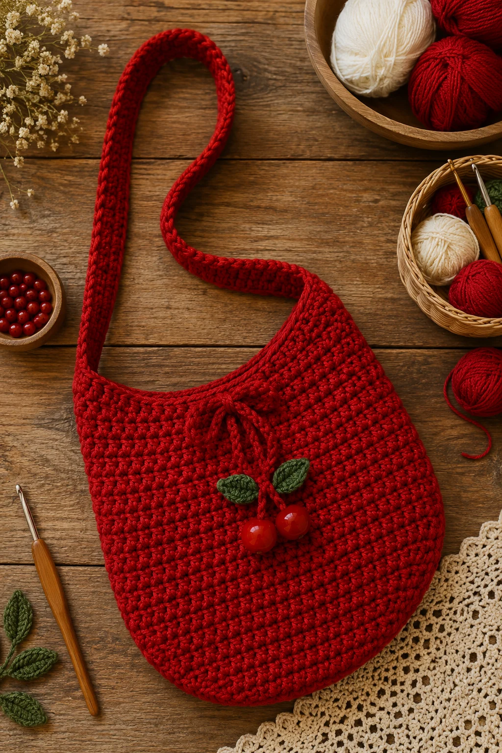 Cherry Red Statement Bag — crochet sling bag style outfit