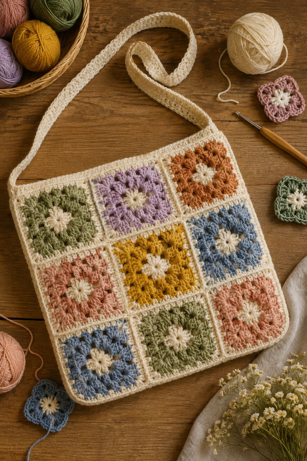 Granny Square Patchwork — crochet sling bag style outfit