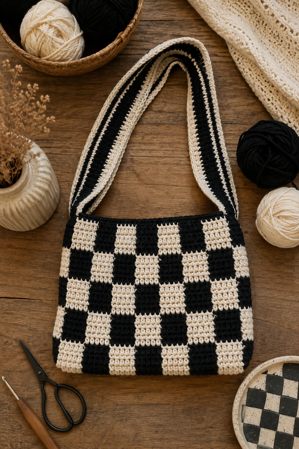 Black-and-Cream Checkerboard — crochet sling bag style outfit