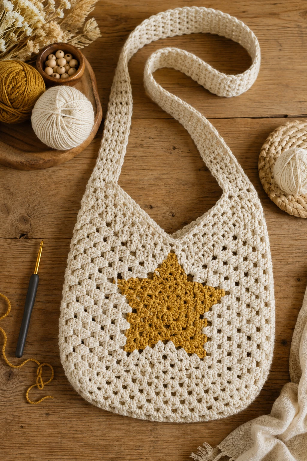 Crochet Sling Bag With a Star Motif — crochet sling bag style outfit