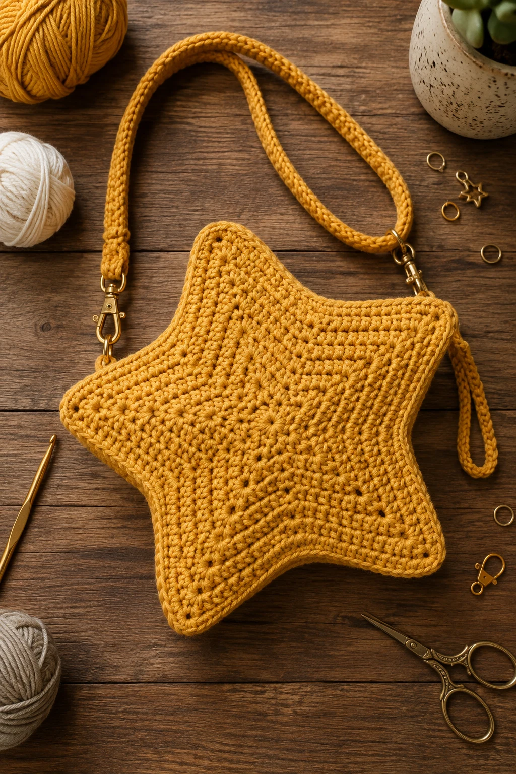 Classic Golden Star Crochet Star Bag — crochet star bag style outfit