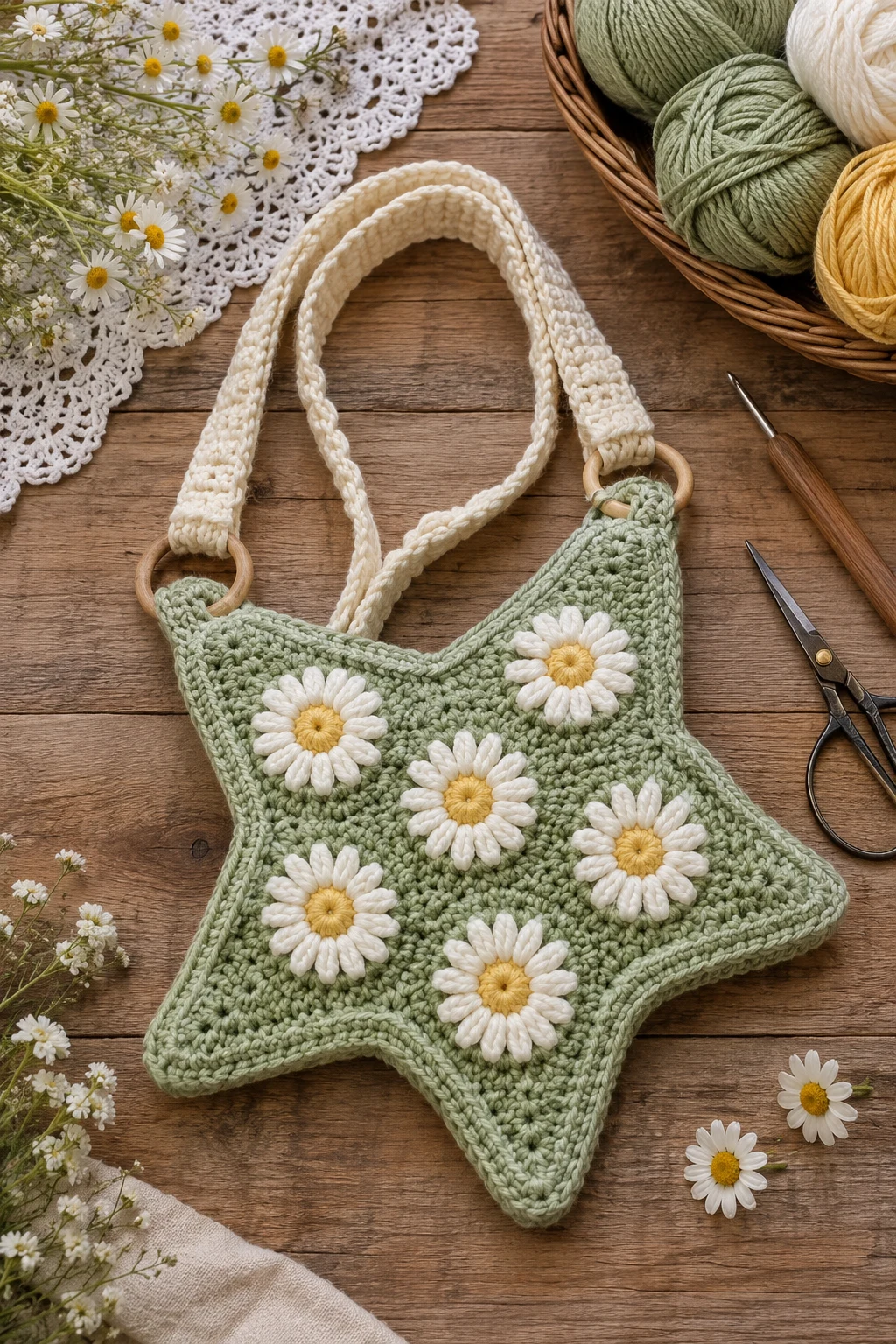 Cottagecore Daisy Star Bag — crochet star bag style outfit