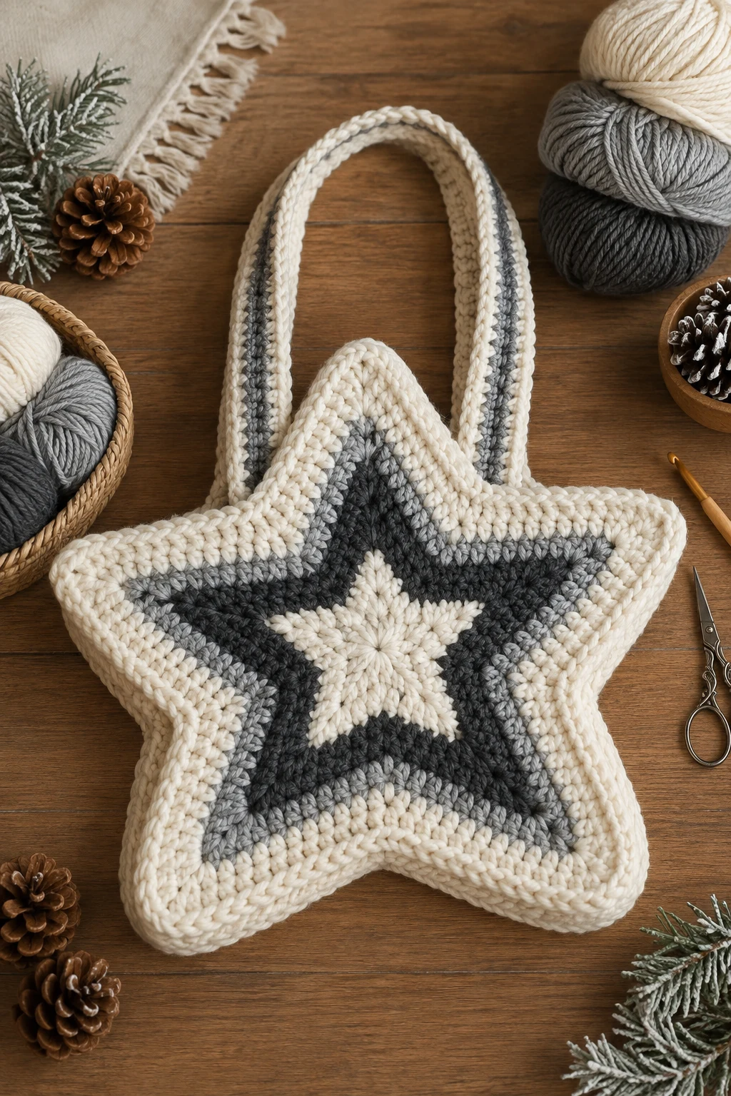 Chunky Winter Star Tote — crochet star bag style outfit