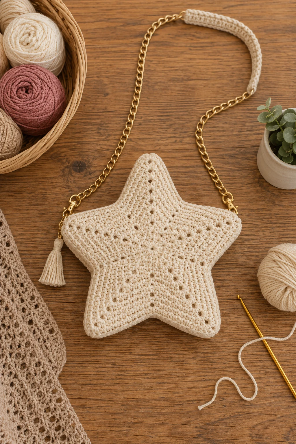 Crochet Star Bag With a Chain Strap — crochet star bag style outfit