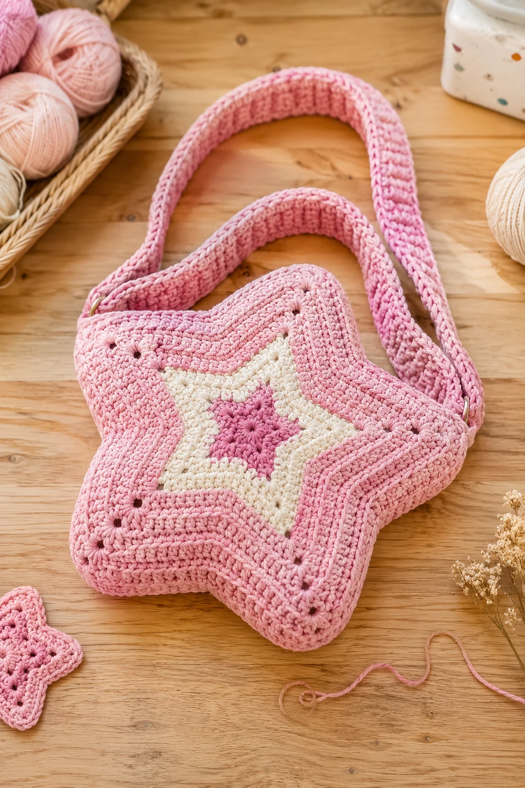 Pink Candy Star Bag — crochet star bag style outfit