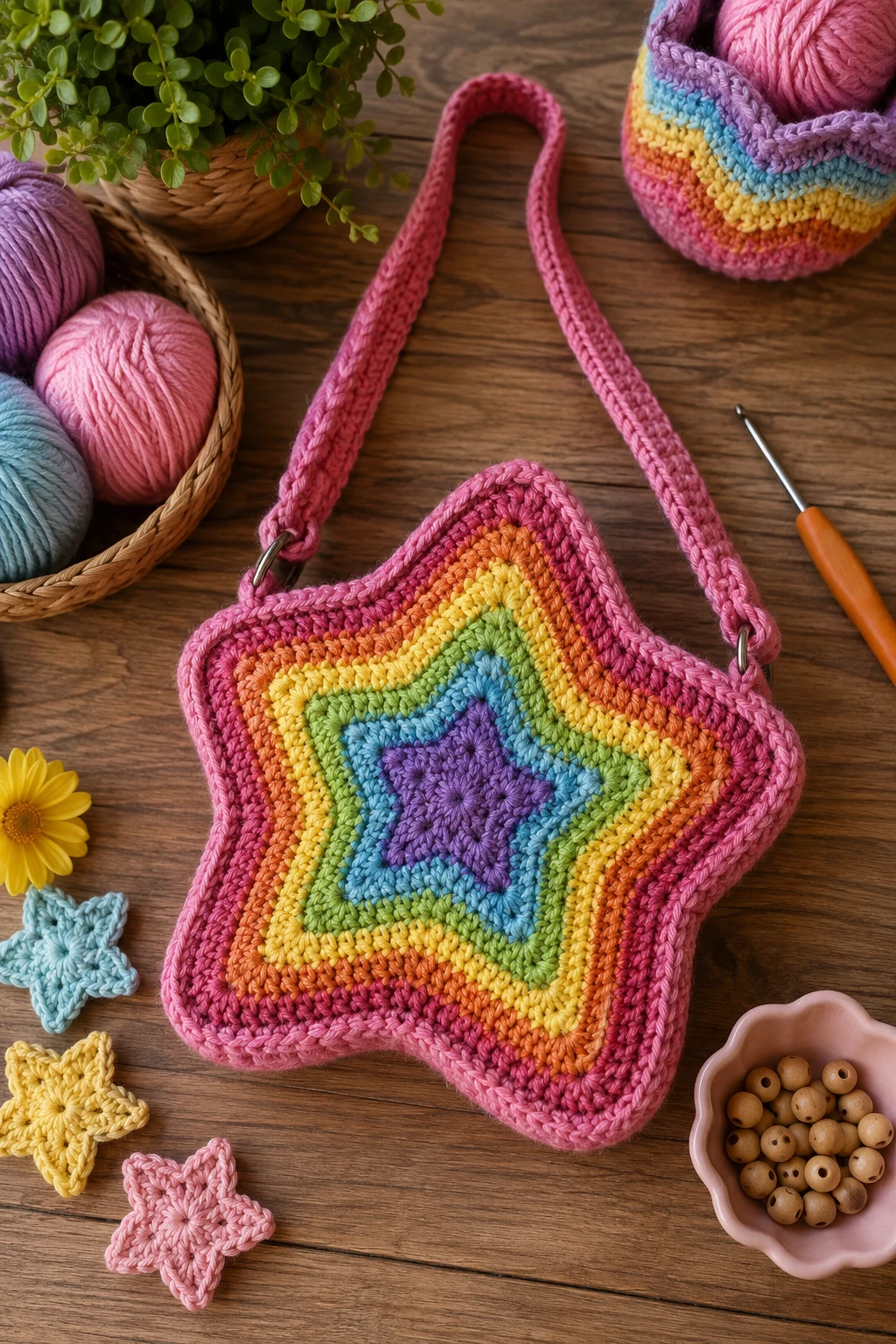 Rainbow Point Star Purse — crochet star bag style outfit