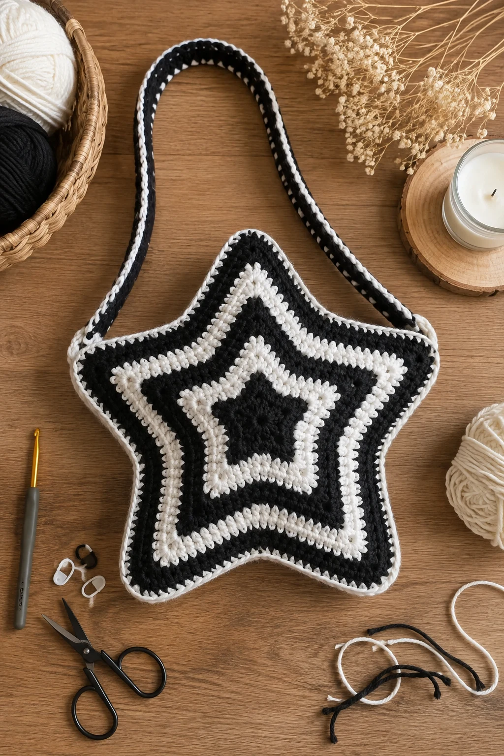 Black-and-White Statement Star — crochet star bag style outfit