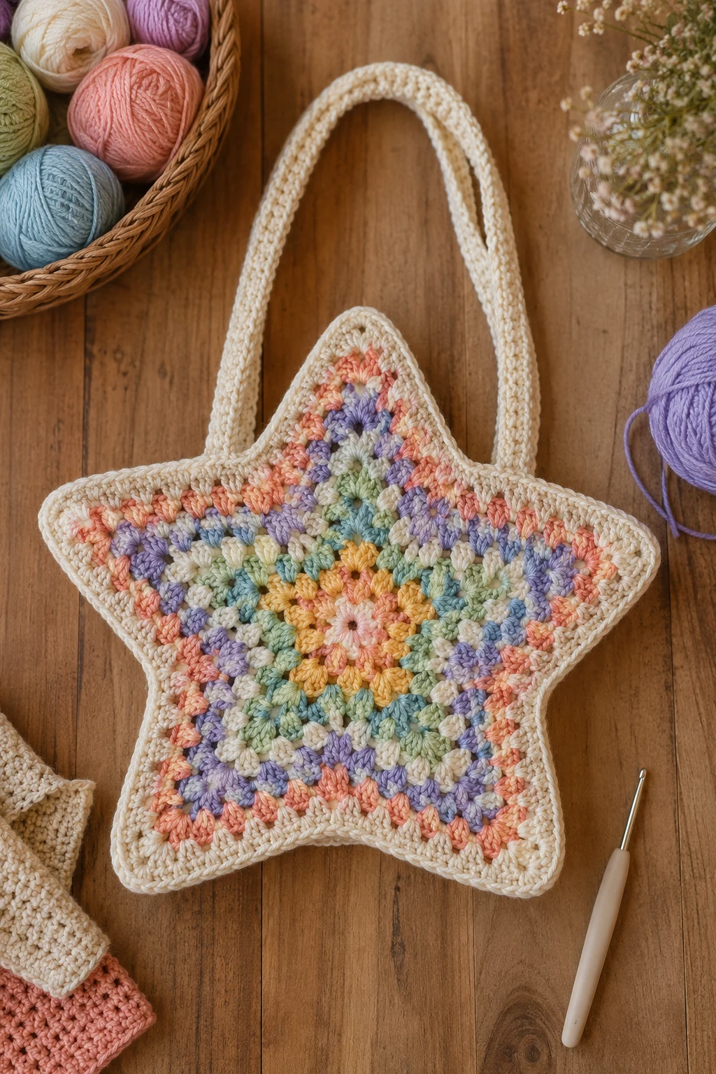 Granny Square Star Bag — crochet star bag style outfit