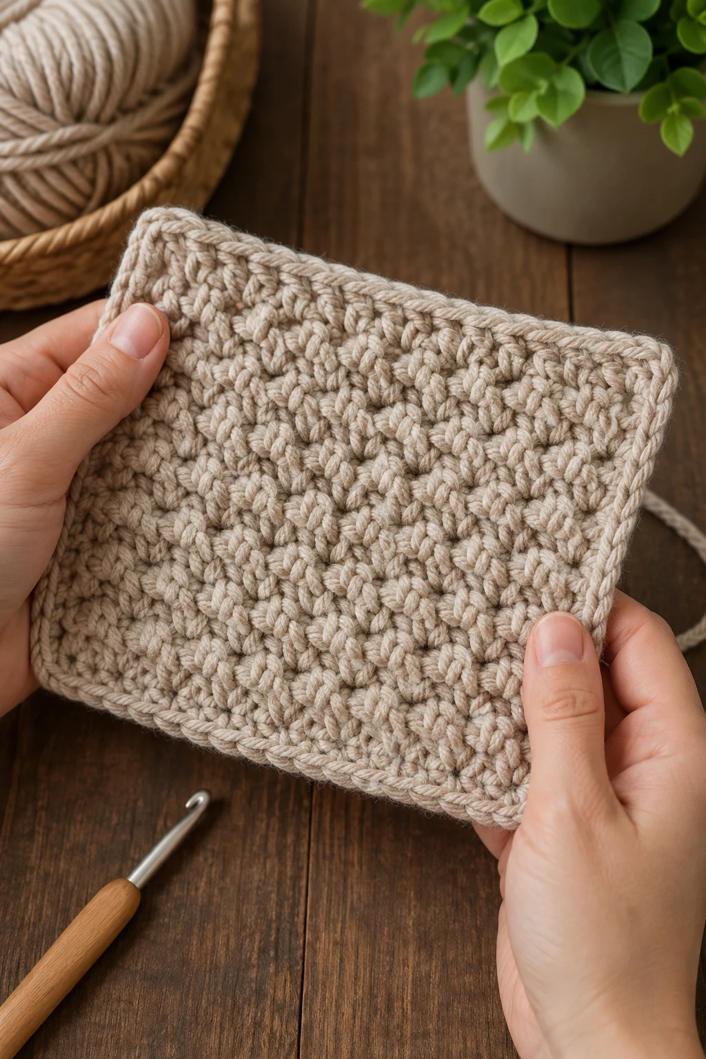 hands holding up the finished, completed crochet stitches patterns up close, right after this final
