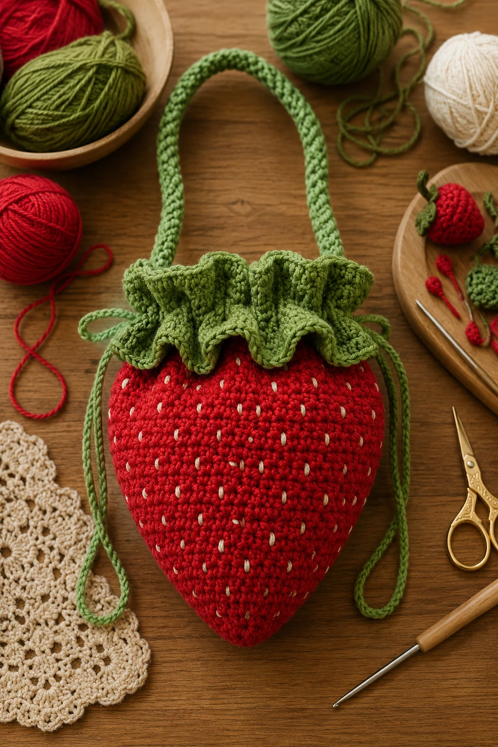 Crochet Strawberry Bag With a Ruffled Top — crochet strawberry bag style outfit
