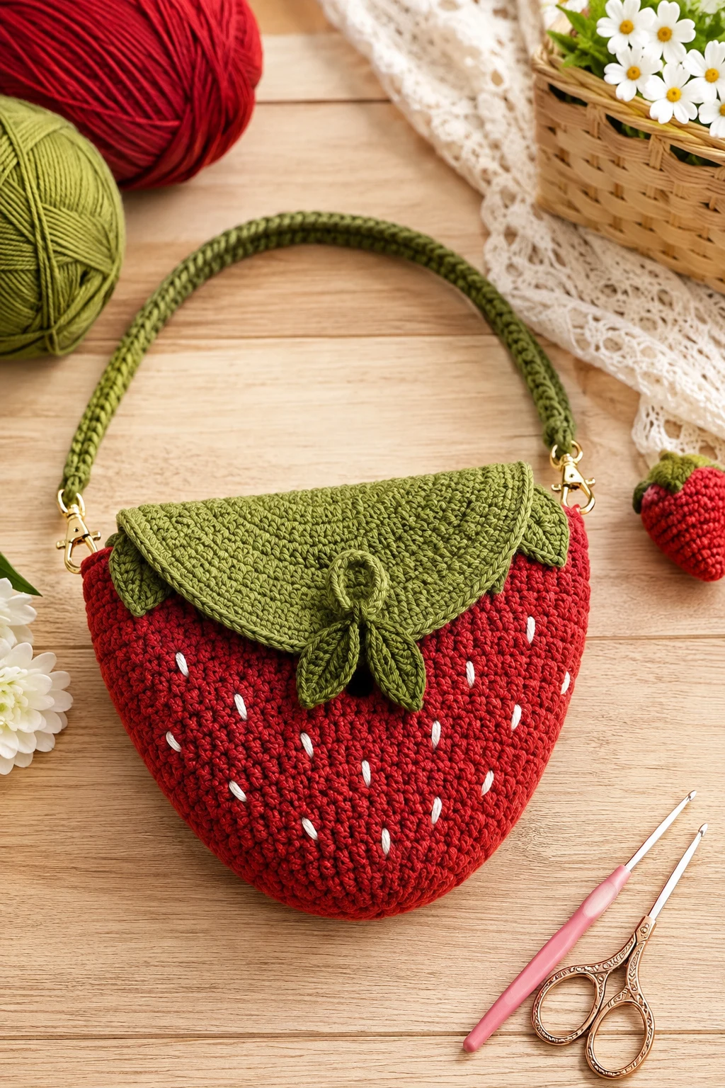 Strawberry Bag With a Cute Leafy Clasp — crochet strawberry bag style outfit